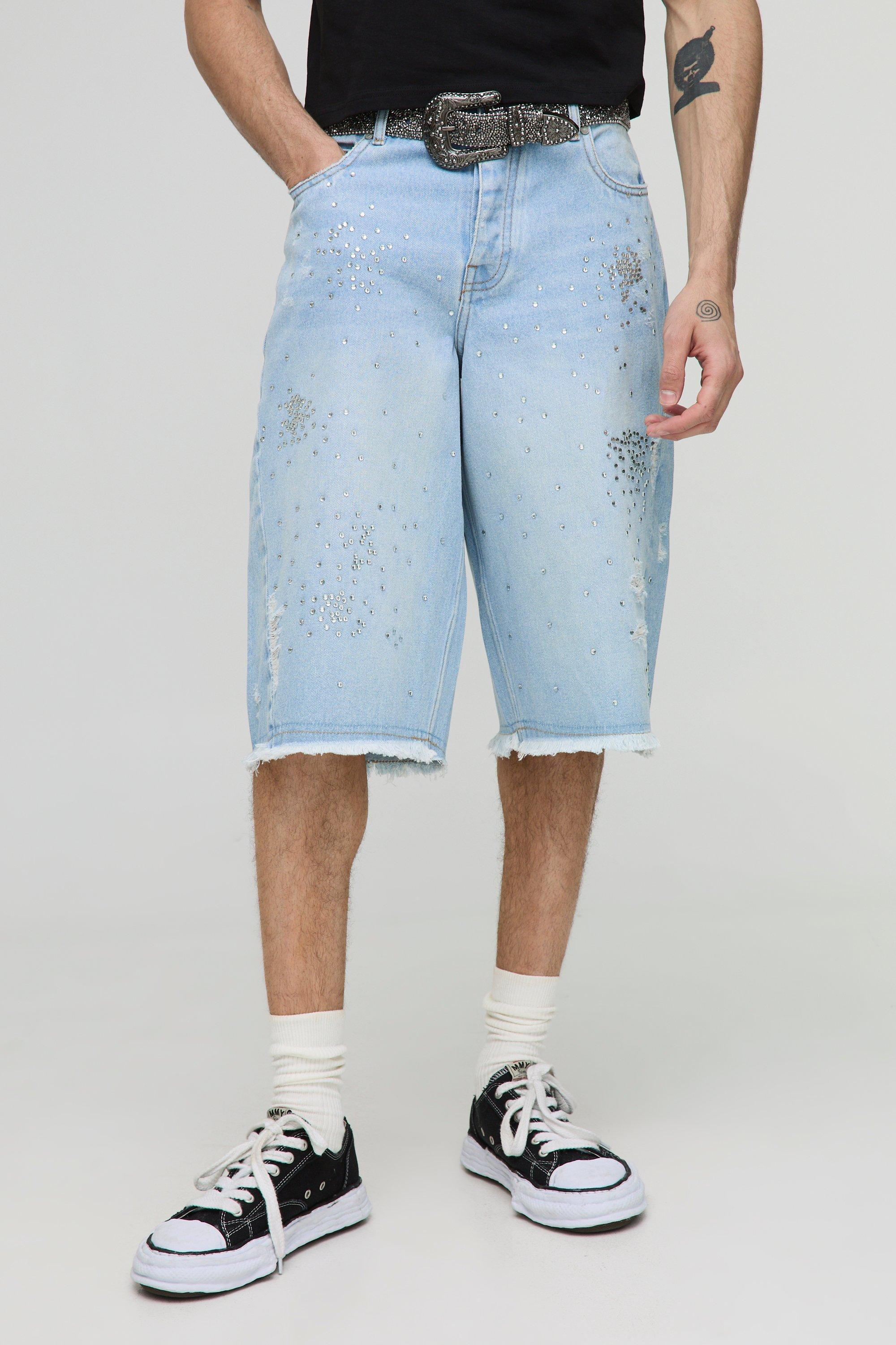 Longline Distressed Embellished Rigid Jorts In Blue